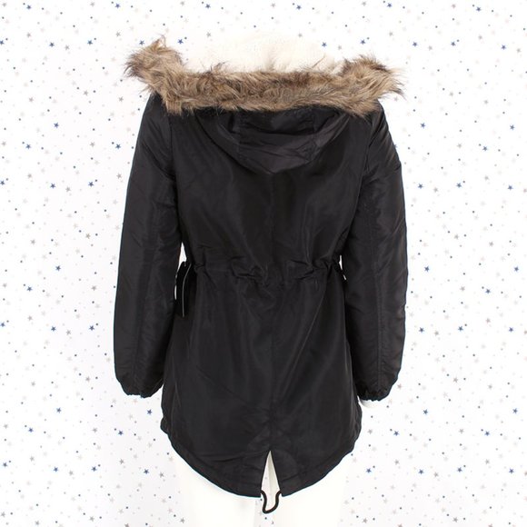 Black Faux Fur Hooded Sherpa Fur Lined Jacket - Picture 13 of 14